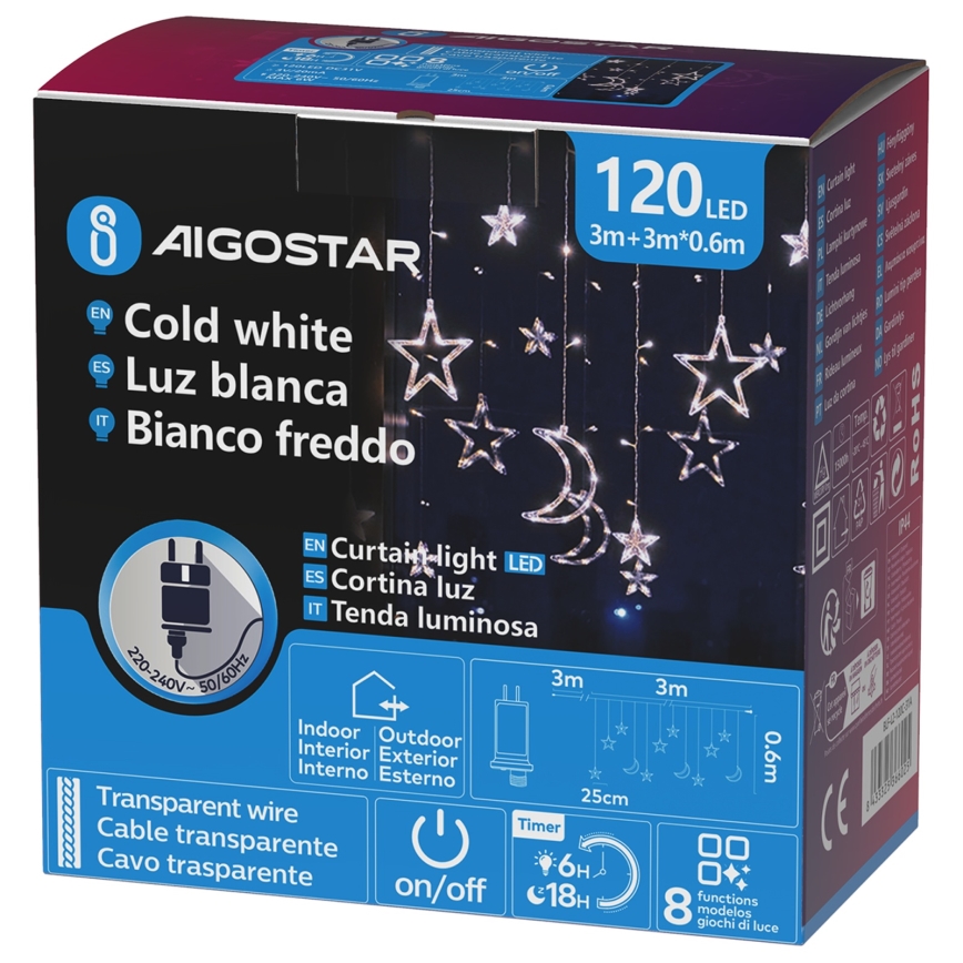 Aigostar - Ghirlandă LED pentru exterior 120 LED/6W/230V/8 funcții 3 x 0,6 m IP44 alb rece + telecomandă