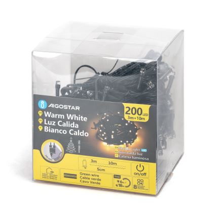 Aigostar - Ghirlandă LED de Crăciun pentru exterior, 200 LED, 8 funcții, 13 m, IP44, alb cald