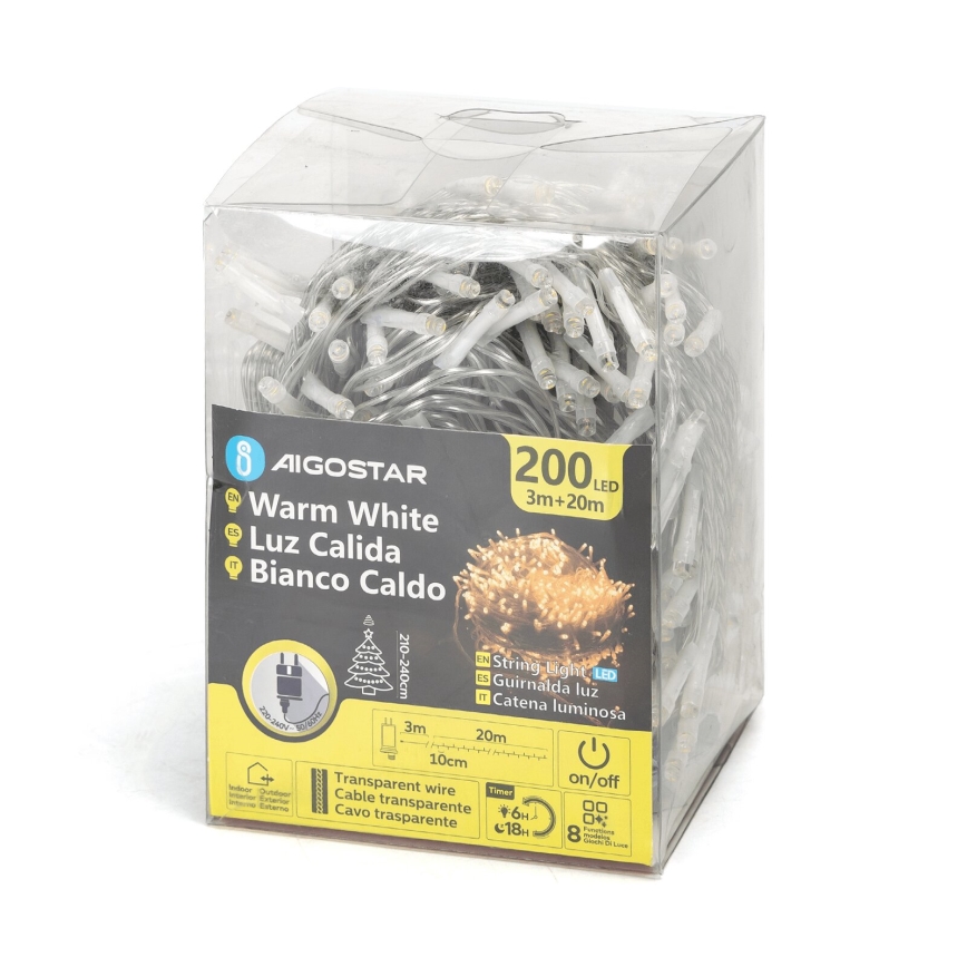 Aigostar - Ghirlandă LED de Crăciun pentru exterior 200xLED/8 funcții 23m IP44 alb cald