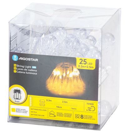 Aigostar - Ghirlandă LED de exterior pentru Crăciun, 25 LED, 8 moduri, 3xAA, 2,5 m, IP44, alb cald, cu beculețe în formă de picătură