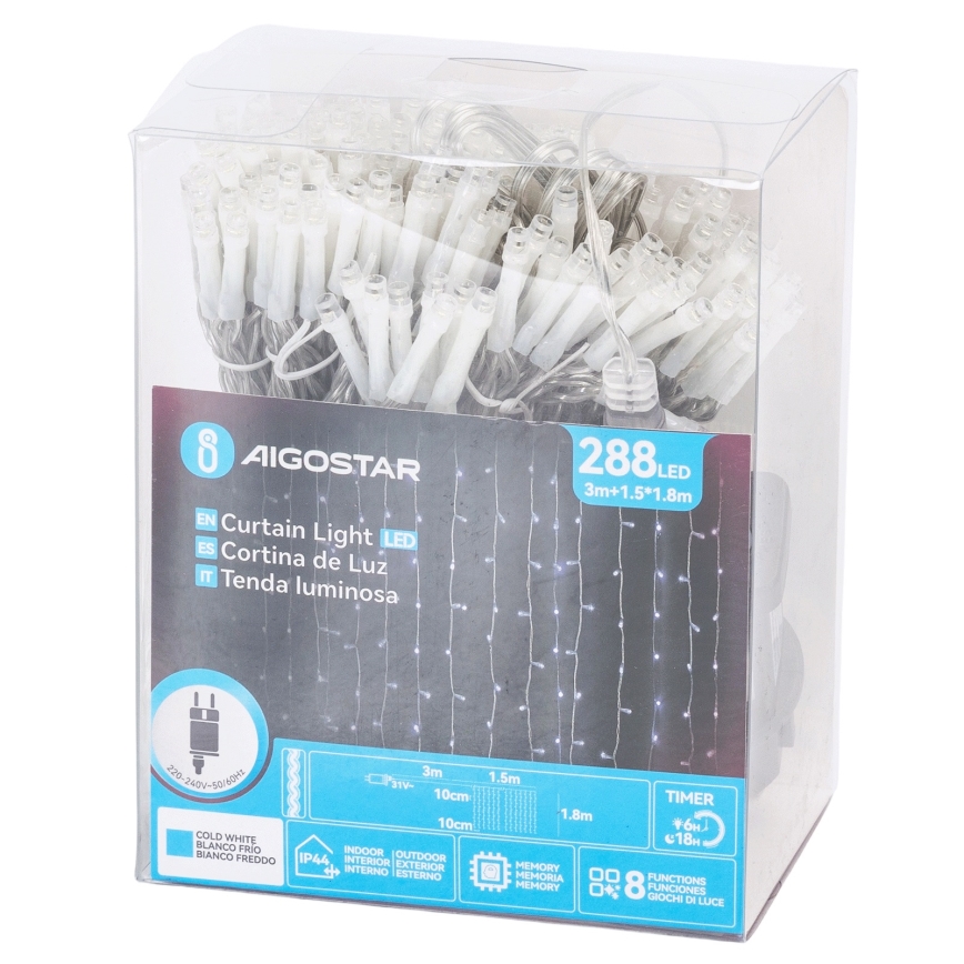 Aigostar - Ghirlandă LED pentru exterior, 288 LED / 8 funcții, 1,5 x 1,8 m, IP44, alb rece