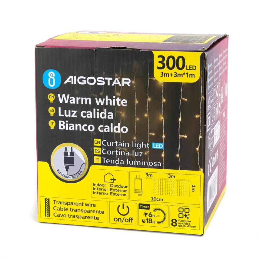 Aigostar - Ghirlandă LED pentru exterior 300xLED/8 funcții 3x1m IP44 alb cald + telecomandă