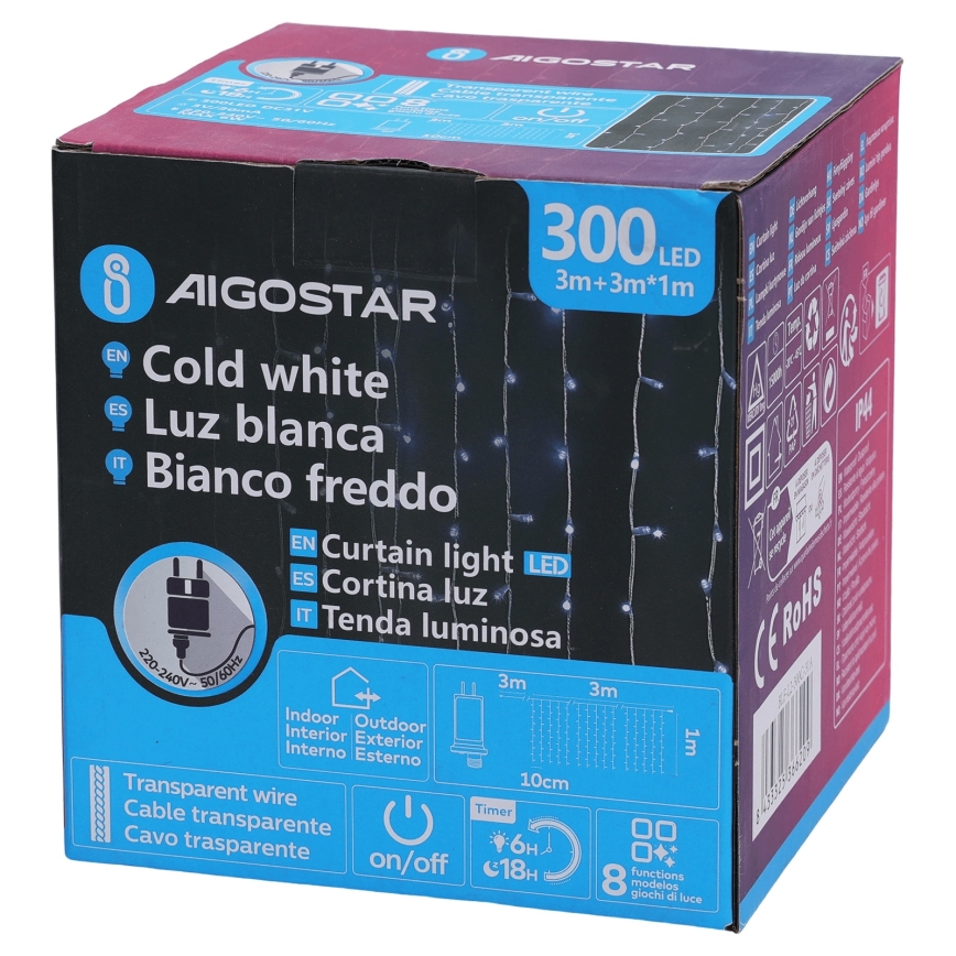 Aigostar - Ghirlandă LED de Crăciun pentru exterior 300xLED/8 funcții 3x1m IP44 alb rece + telecomandă