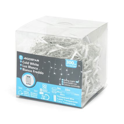 Aigostar - Ghirlandă LED de exterior pentru Crăciun, 300 LED, 8 funcții, alimentare 3x AA, 18 x 0,6 m, IP44, alb rece