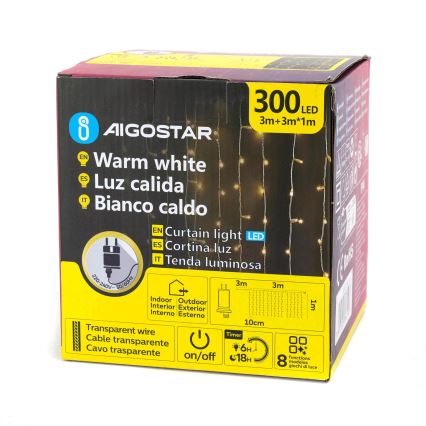 Aigostar - Ghirlandă de Crăciun LED de exterior 300xLED/8 funcții 3x1m IP44 alb cald + telecomandă