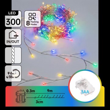 Aigostar - Ghirlandă LED de Crăciun pentru exterior 300xLED/8 funcții 3xAA 9,3m IP44 multicolor