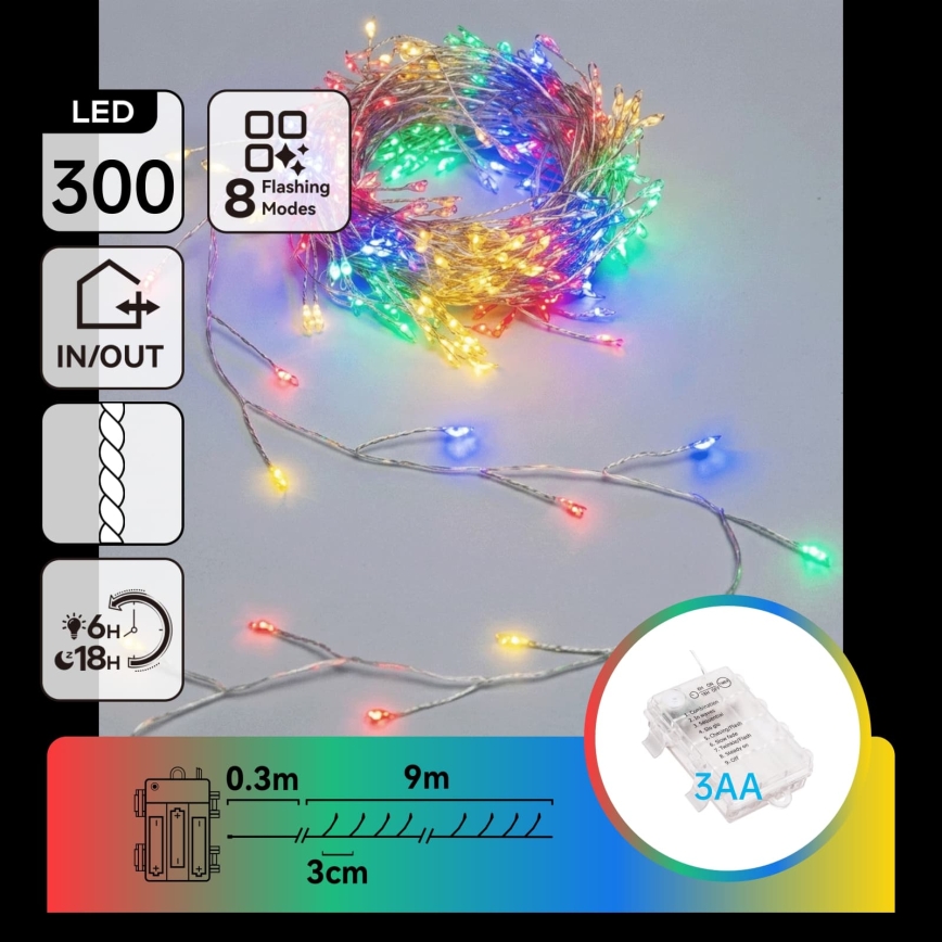 Aigostar - Ghirlandă LED de Crăciun pentru exterior 300xLED/8 funcții 3xAA 9,3m IP44 multicolor