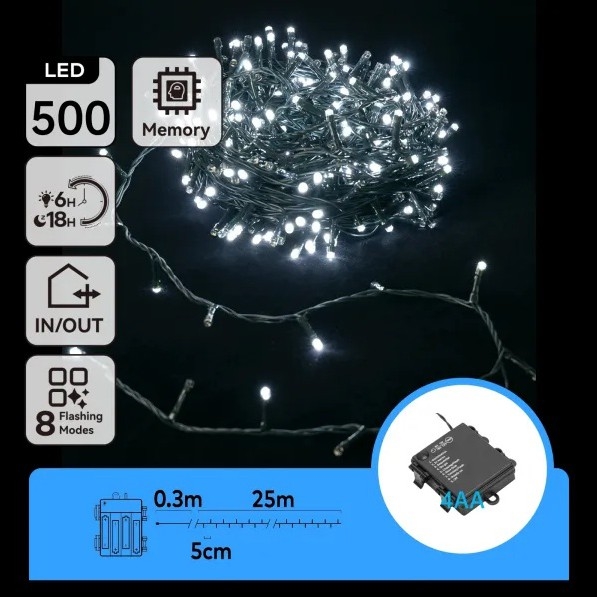 Aigostar - Ghirlandă LED de Crăciun pentru exterior, 500 LED, 8 moduri, alimentare 4xAA, 25,3 m, IP44, alb rece