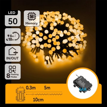 Aigostar - Ghirlandă LED de Crăciun pentru exterior 50xLED/8 funcții 3xAA 5,3m IP44 alb cald