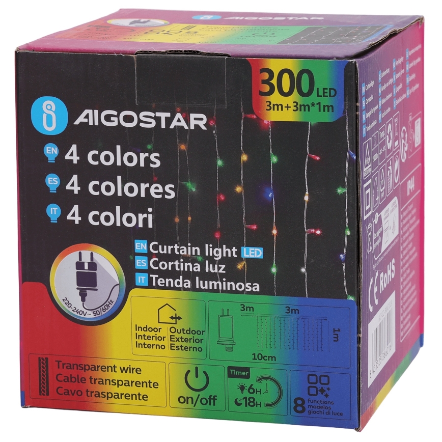 Aigostar - Ghirlandă LED RGBY de exterior pentru Crăciun, 300 LED, 8 funcții, 3 x 1 m, IP44 + telecomandă