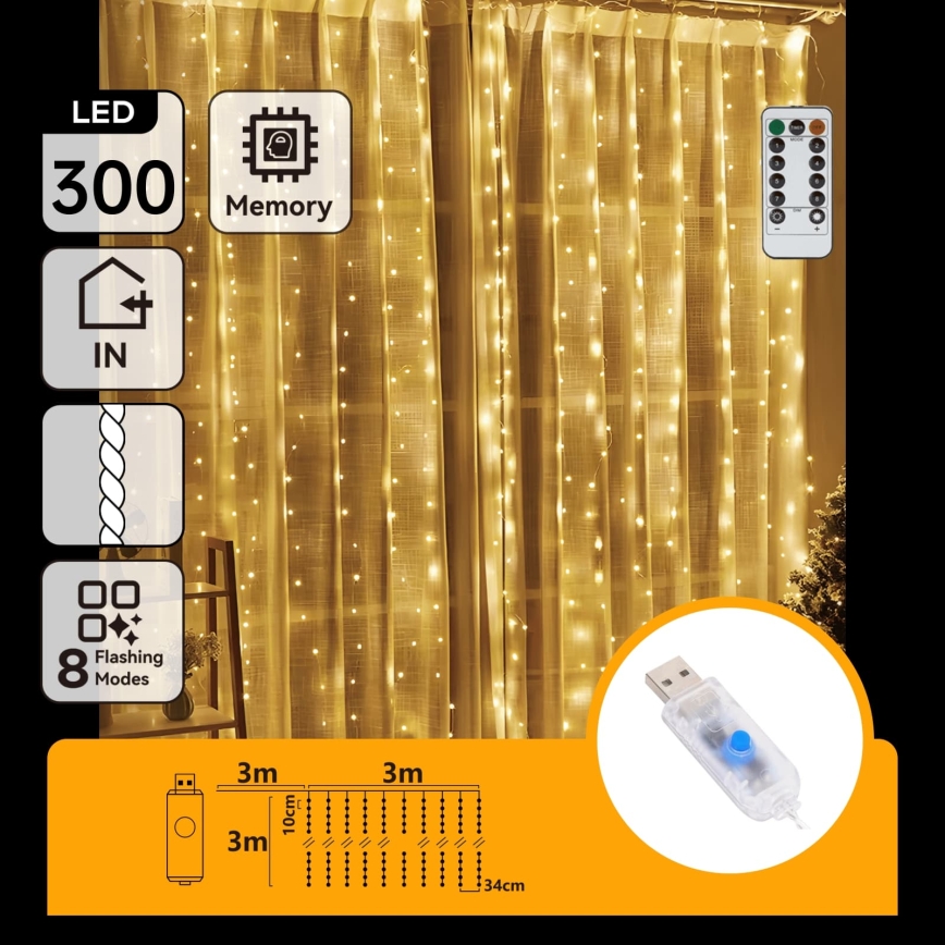 Aigostar - Ghirlandă LED de Crăciun reglabilă 300 LED/8 funcții USB 6 x 3 m alb cald + telecomandă