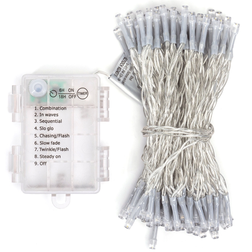 Aigostar - Ghirlandă LED de exterior, 100 de LED-uri, 8 funcții, alimentare 3 x AA, 10,3 m, IP44, alb cald