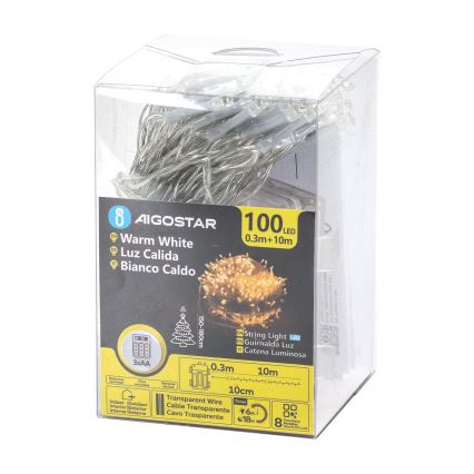 Aigostar - Ghirlandă LED de exterior, 100 de LED-uri, 8 funcții, alimentare 3 x AA, 10,3 m, IP44, alb cald