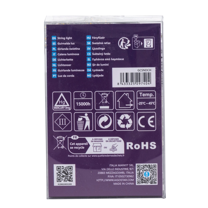 Aigostar - Ghirlandă LED de exterior, 100 de LED-uri, 8 funcții, alimentare 3 x AA, 10,3 m, IP44, alb cald