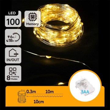 Aigostar - Ghirlandă LED de exterior, 100 LED, 8 funcții, 3x AA, 10,3 m, IP44, alb cald