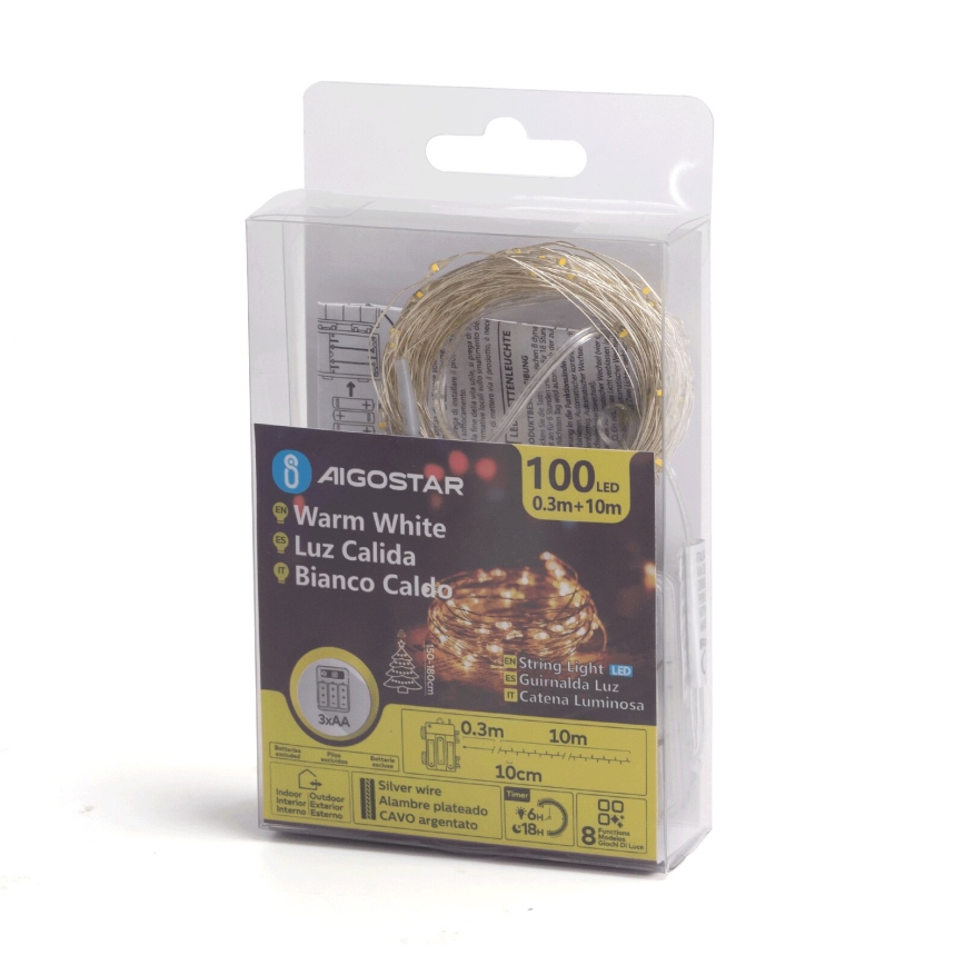 Aigostar - Ghirlandă LED de exterior, 100 LED, 8 funcții, 3x AA, 10,3 m, IP44, alb cald