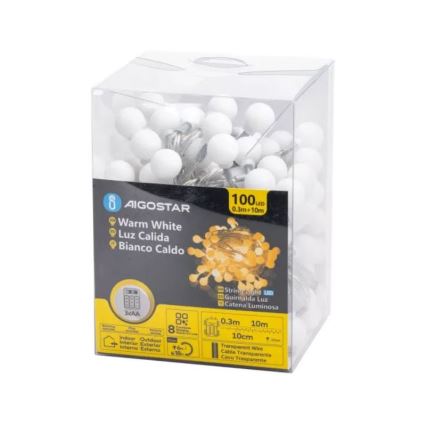Aigostar - Ghirlandă LED pentru exterior 100xLED/3xAA/8 funcții 10,3 m IP44 alb cald