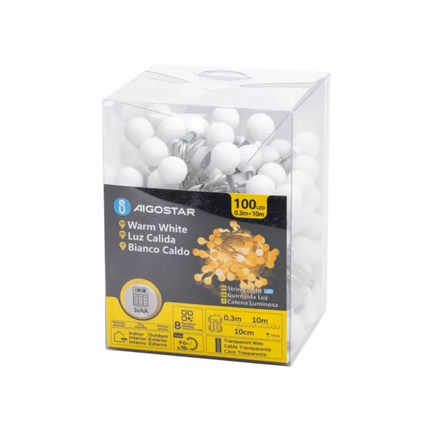 Aigostar - Ghirlandă LED pentru exterior 100xLED/3xAA/8 funcții 10,3 m IP44 alb cald