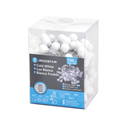 Aigostar - Instalație luminoasă LED de Crăciun pentru exterior 100xLED/3xAA/8 funcții 10,3 m IP44 alb rece
