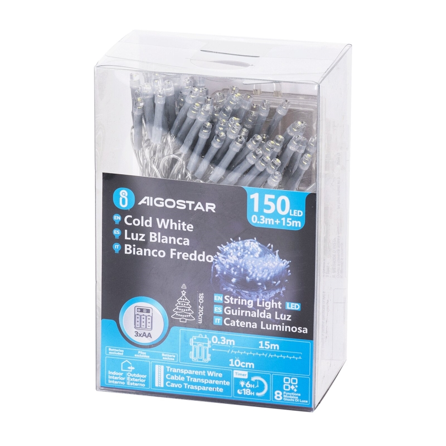 Aigostar - Ghirlandă LED de exterior, 150 LED, 8 funcții, 15,3 m, IP44, alb rece