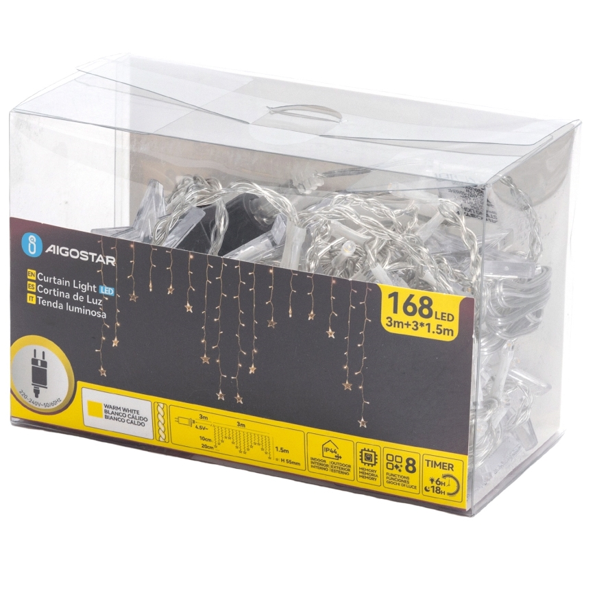 Aigostar - Ghirlandă LED de exterior, 168 LED-uri, 8 funcții, 3 x 1,5 m, IP44, alb cald, cu stele