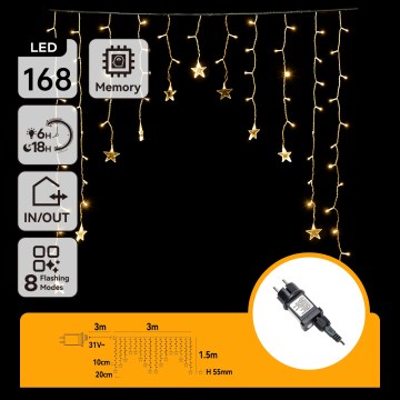 Aigostar - Ghirlandă LED de exterior, 168 LED-uri, 8 funcții, 3 x 1,5 m, IP44, alb cald, cu stele