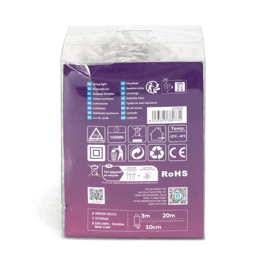 Aigostar - Ghirlandă LED de exterior 200xLED/8 funcții 23m IP44 alb cald