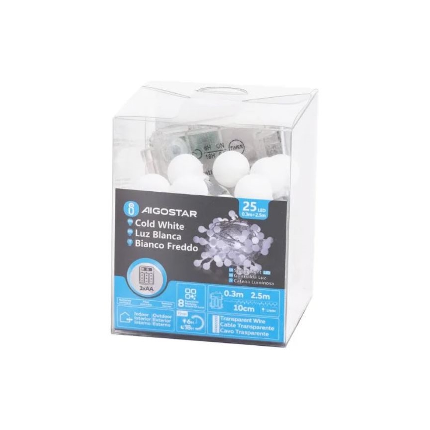 Aigostar - Ghirlandă LED pentru exterior 25xLED/3xAA/8 funcții 2,8 m IP44 alb rece