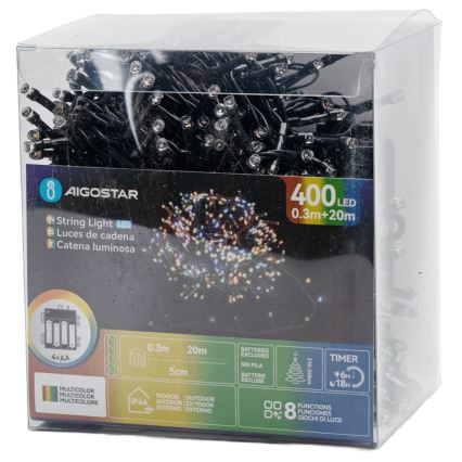Aigostar - Ghirlandă LED pentru exterior, 400 LED, 8 moduri, alimentare 4xAA, 20,3 m, IP44, multicolor