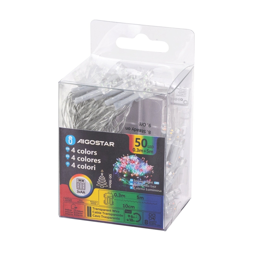 Aigostar - Ghirlandă LED de exterior, 50 LED / 8 funcții, 3xAA, 5,3 m, IP44, multicoloră
