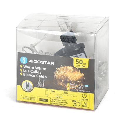 Aigostar - Ghirlandă LED de exterior, 50 LED-uri/8 funcții, 8 m, IP44, alb cald