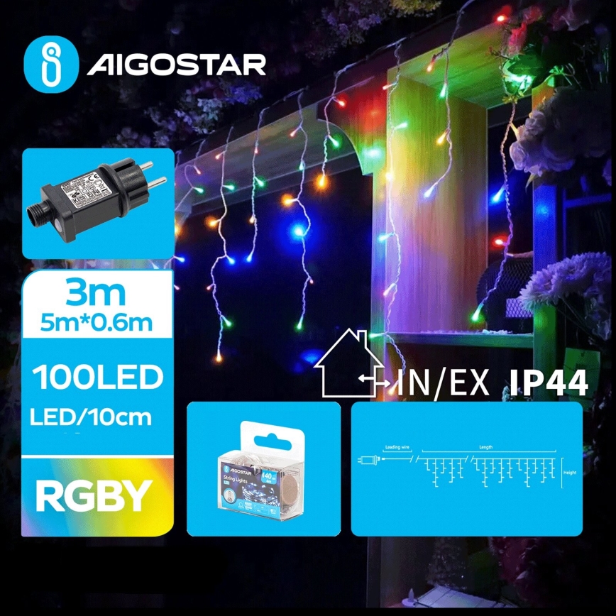 Aigostar - Ghirlandă LED de exterior pentru Crăciun, 100 LED, 8 funcții, 8 x 0,6 m, IP44, multicoloră