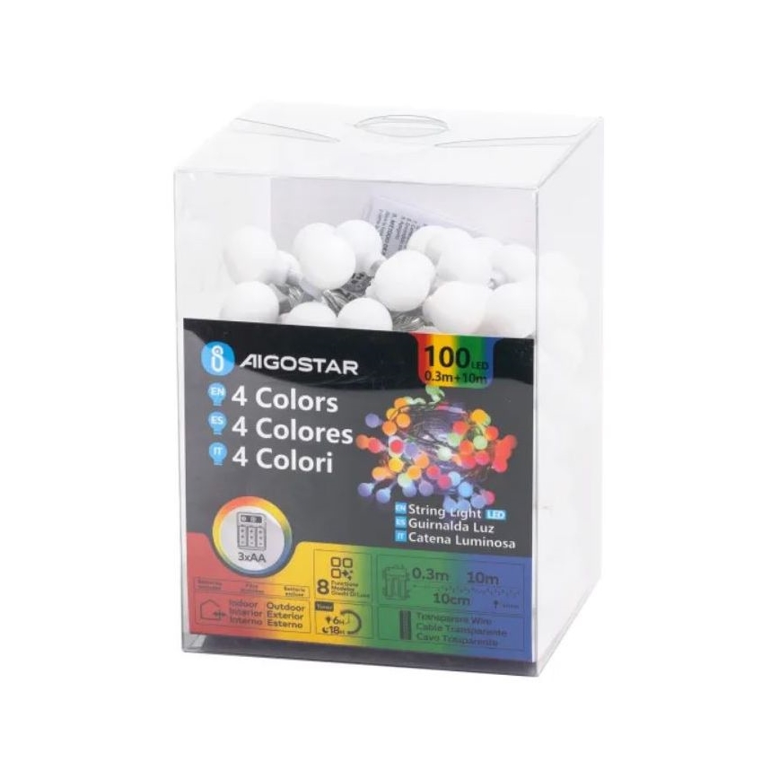 Aigostar - Ghirlandă LED multicoloră de exterior pentru Crăciun, 100 LED-uri, 3x AA, 8 funcții, 10,3 m, IP44