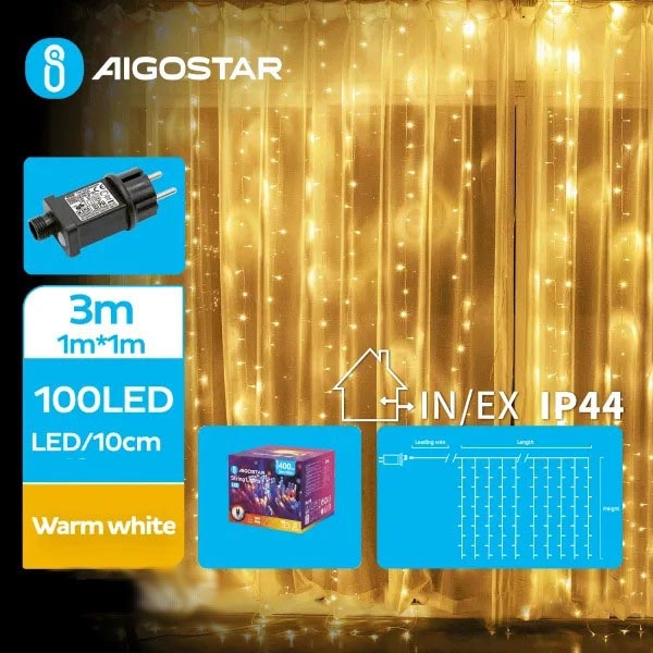 Aigostar - Ghirlandă LED de exterior pentru Crăciun, 100 LED-uri, 8 funcții, 4 x 1 m, IP44, alb cald