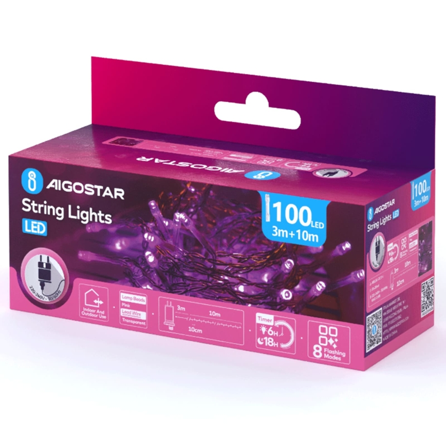 Aigostar - Ghirlandă LED de exterior pentru Crăciun, 100x LED/8 funcții, 13 m, IP44, roz