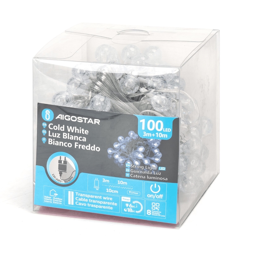 Aigostar - Ghirlandă LED de exterior pentru Crăciun, 100xLED/8 funcții, 13m, IP44, alb rece