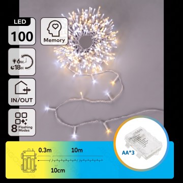 Aigostar - Ghirlandă LED de exterior pentru Crăciun 100xLED/8 funcții 3xAA 10,3m IP44 alb cald/alb rece
