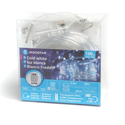 Aigostar - LED ghirlandă de Crăciun pentru exterior 100xLED/8 funcții 3xAA 10,3m IP44 alb rece
