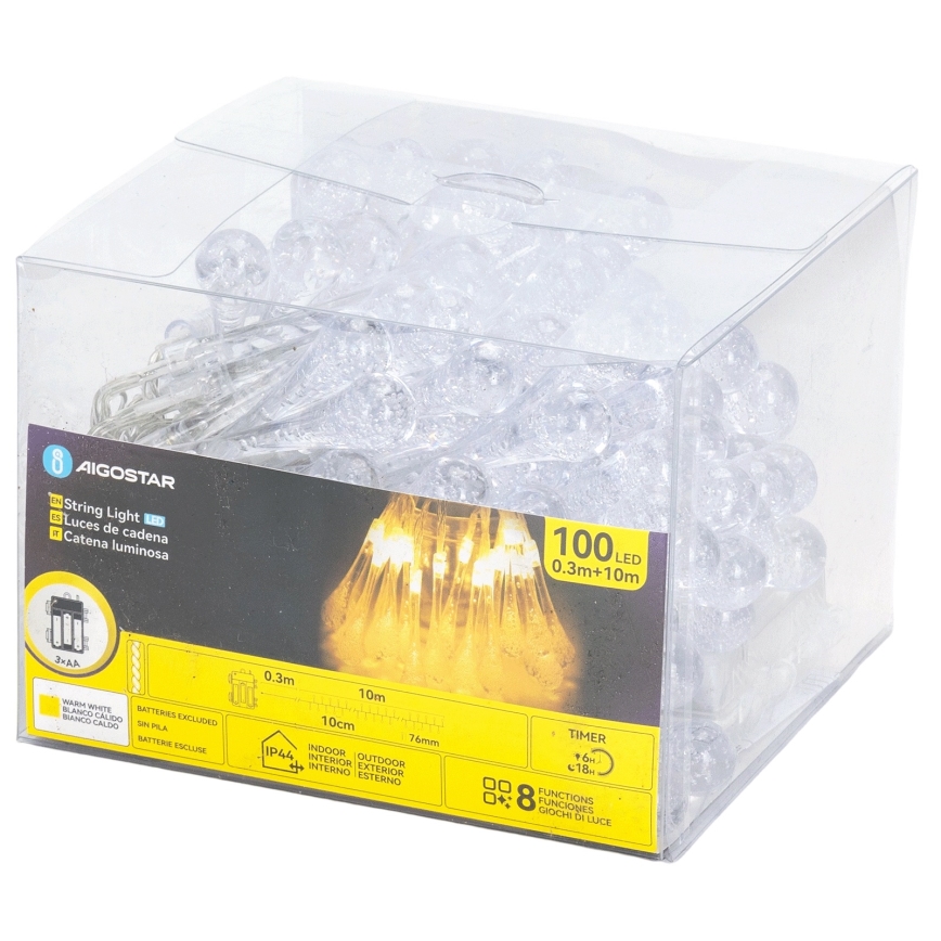 Aigostar - LED instalație luminoasă de exterior pentru Crăciun 100xLED/8 funcții 3xAA 10 m IP44 alb cald picături