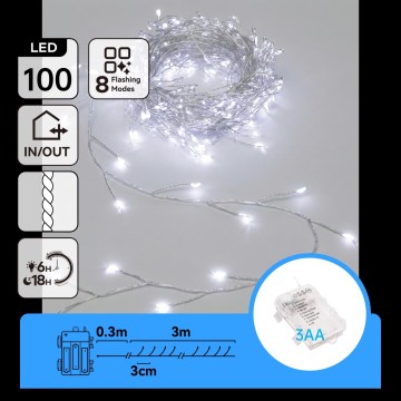 Aigostar - Ghirlandă LED de exterior pentru Crăciun 100xLED/8 funcții 3xAA 3,3m IP44 alb rece