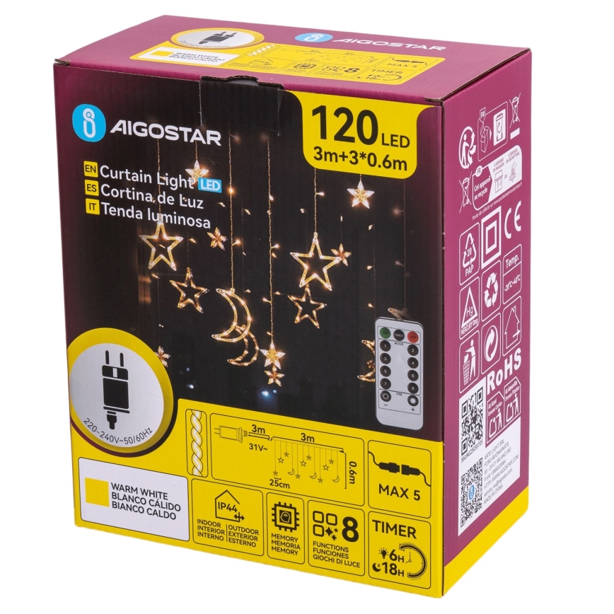 Aigostar - Ghirlandă LED de Crăciun pentru exterior 120xLED/6W/230V/8 funcții 3x0,6m IP44 alb cald + telecomandă