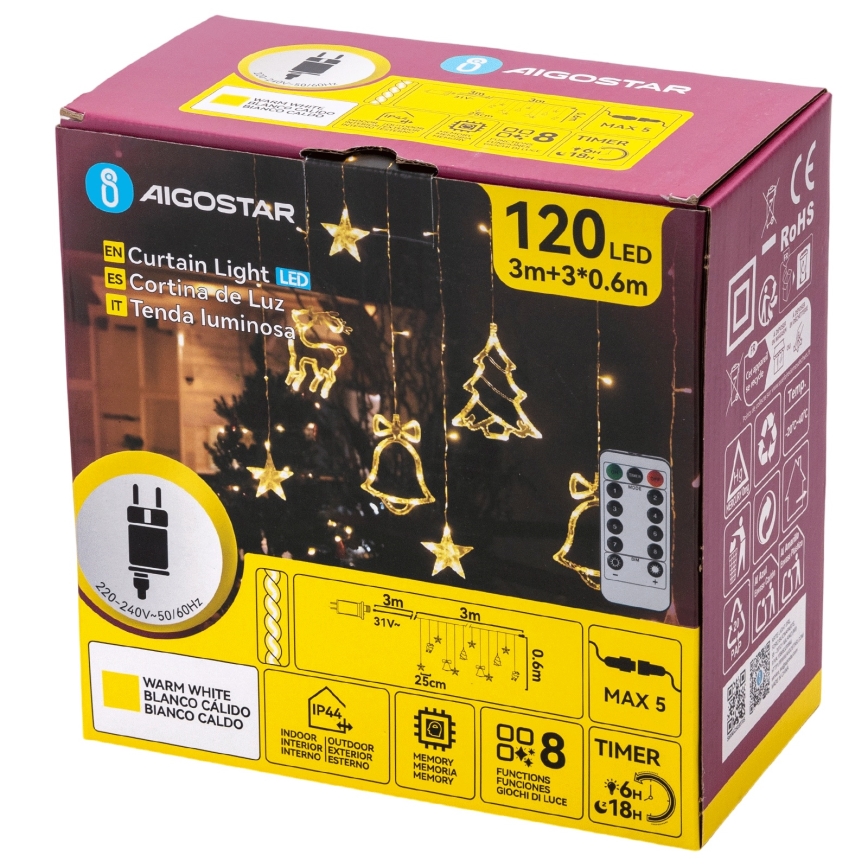 Aigostar - Instalație luminoasă LED de Crăciun pentru exterior 120 LED / 8 moduri 3 x 0,6 m IP44 alb cald + telecomandă