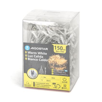 Aigostar - Ghirlandă LED de exterior pentru Crăciun, 150 LED/8 funcții, 18m, IP44, alb cald