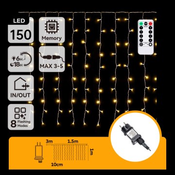 Aigostar - Ghirlandă LED de exterior pentru Crăciun 150xLED/6W/230V/8 funcții 1,5x1m IP44 alb cald + telecomandă