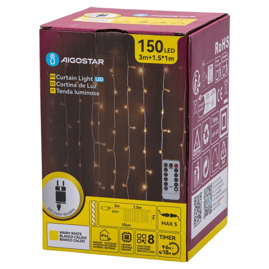 Aigostar - Ghirlandă LED de exterior pentru Crăciun 150xLED/6W/230V/8 funcții 1,5x1m IP44 alb cald + telecomandă