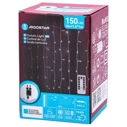 Aigostar - Ghirlandă luminoasă LED de Crăciun pentru exterior, 150 LED/6W/230V/8 funcții, 1,5x1 m, IP44, alb rece + telecomandă
