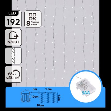 Aigostar - Ghirlandă LED de exterior pentru Crăciun 192xLED/8 funcții 3xAA 4,5x1,2m IP44 alb rece