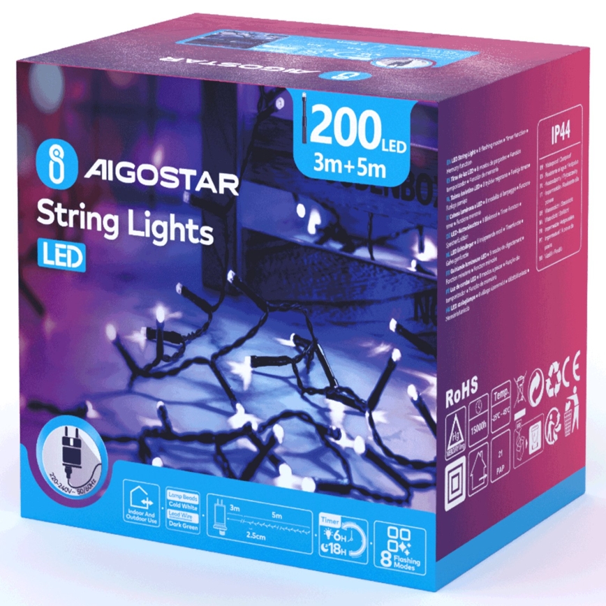 Aigostar - Ghirlandă LED de exterior pentru Crăciun, 200 LED / 8 funcții, 8 m, IP44, alb rece
