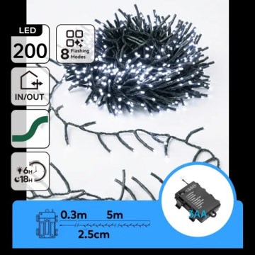Aigostar - Ghirlandă LED de exterior pentru Crăciun, 200 x LED / 8 funcții, 3xAA, 5,3 m, IP44, alb rece