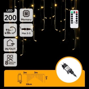 Aigostar - Ghirlandă LED de exterior pentru Crăciun 200xLED/6W/230V/8 funcții 3x1m IP44 alb cald + telecomandă
